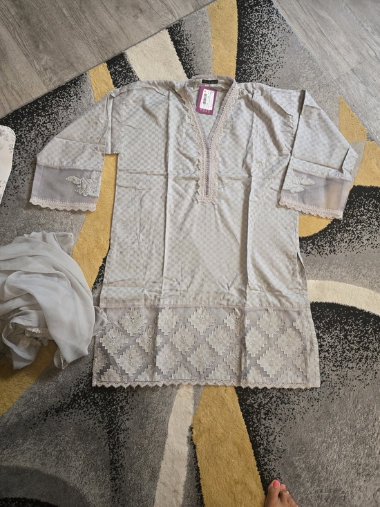 Tops - DUPATTA Light Gray Embroidered Tunic with Scalloped Hem